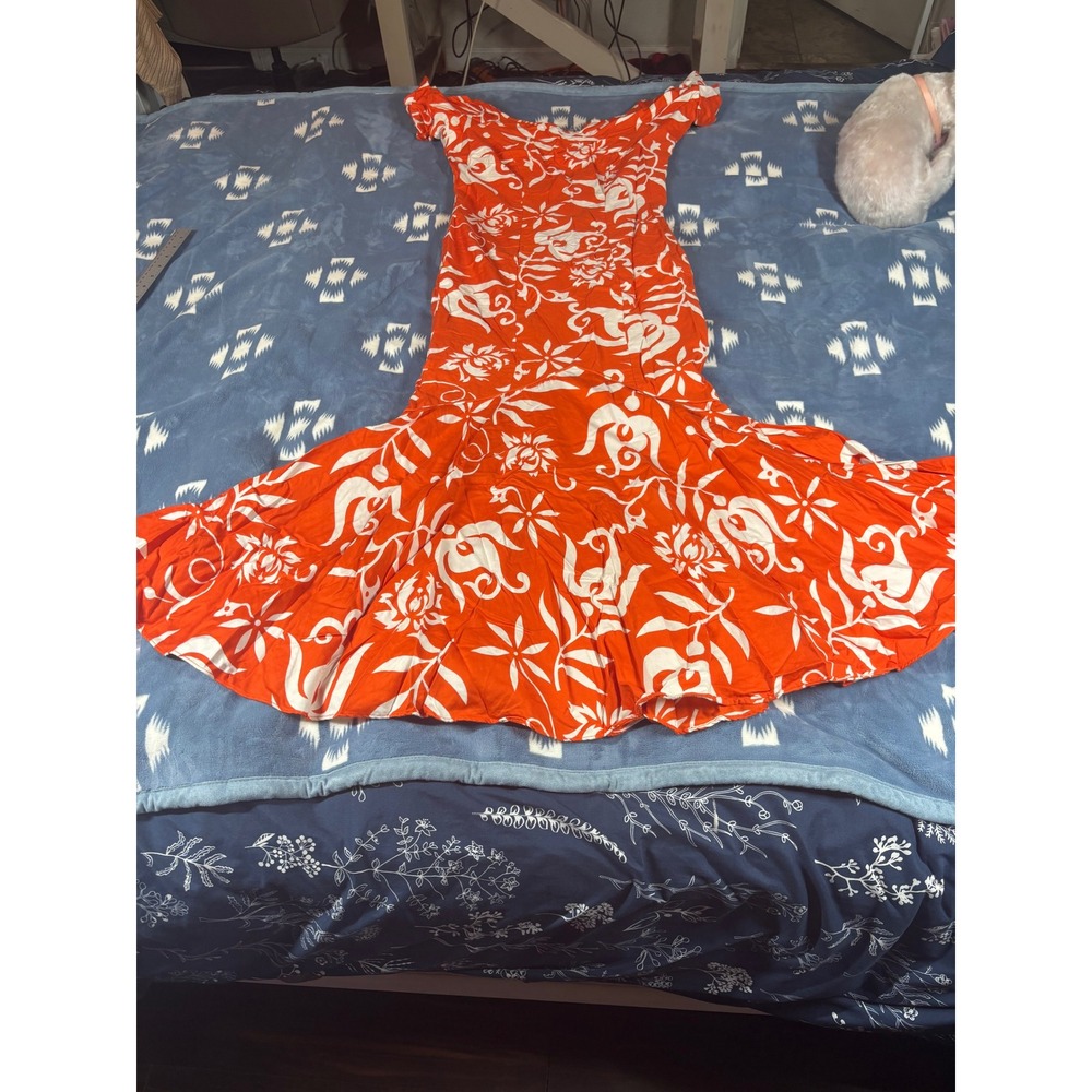 Orange White Floral Tropical Off Shoulder Mermaid Maxi Dress Summer Luau 6980